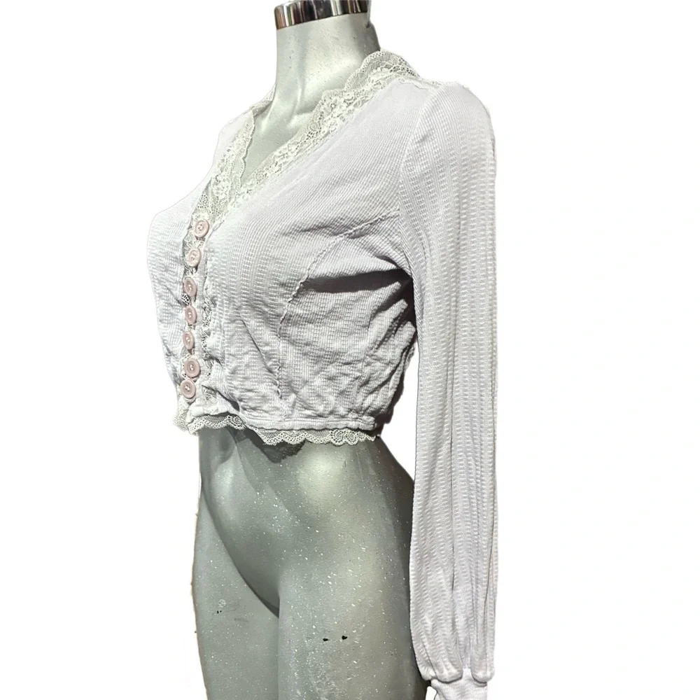 Free People Run With Me Button Top Cardigan Lace Trim Indie Lilac V-neck Medium